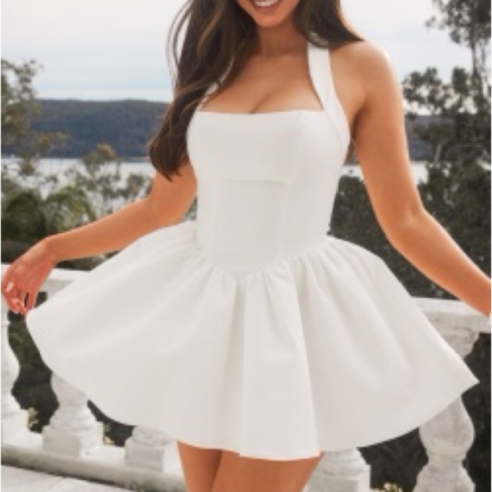 Showpo HELDA MINI DRESS - HALTER TIE NECK CORSET PANEL DRESS IN WHITE